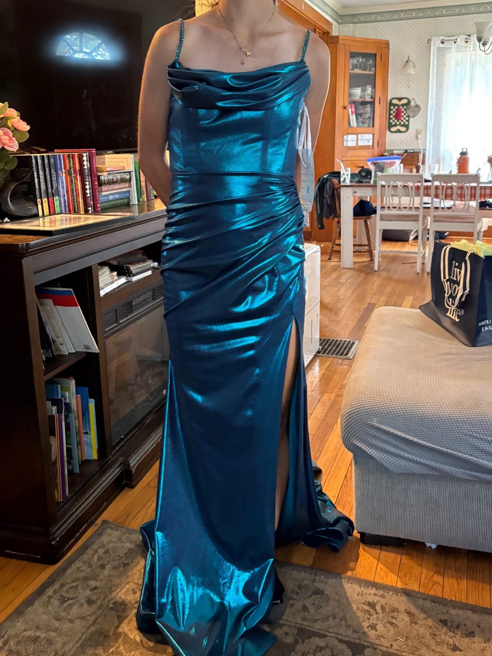 Shimmering Teal Slip Prom Dress with Cowl Neck